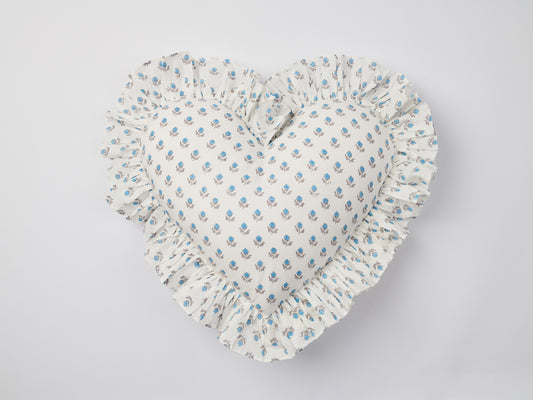 Blue Floral Blockprint Ruffle Heart Cushion