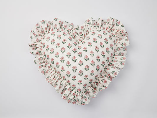 Pink Floral Blockprint Ruffle Heart Cushion