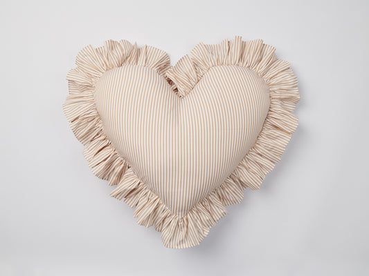 Beige Stripe Cotton Ruffle Heart Cushion