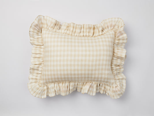 Embroidered Linen Ruffle Baby Pillow - Beige Gingham