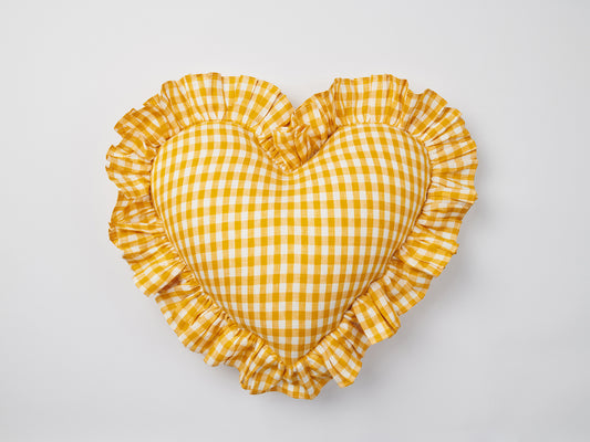 Yellow Gingham Linen Ruffle Heart Cushion