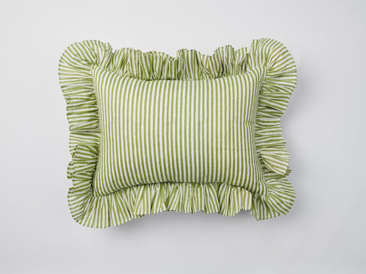 Sage Green Stripe Ruffle Blockprint Mini Cushion