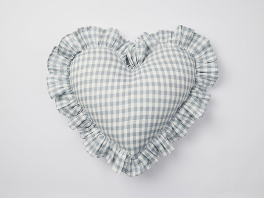 Blue Grey Gingham Linen Ruffle Heart Cushion