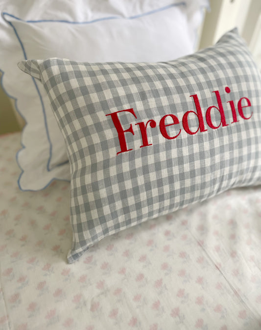 Embroidered Linen Pillow - Blue Gingham