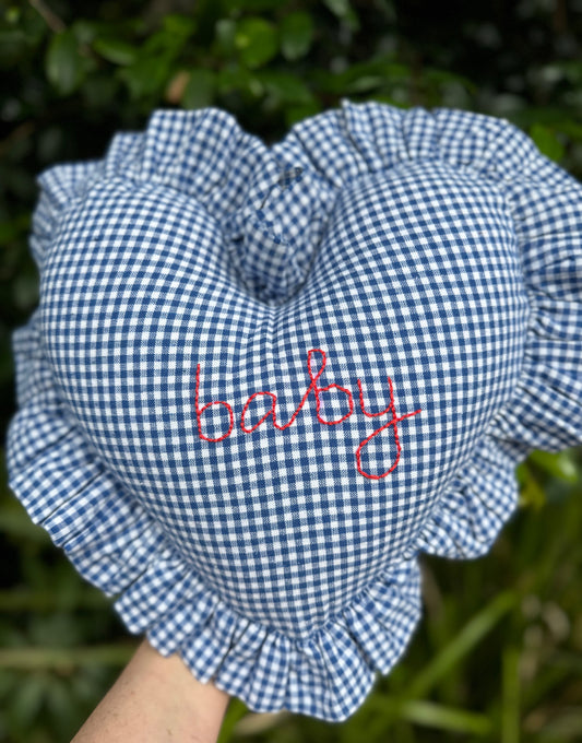 Embroidered Heart Pillow in Blue Gingham